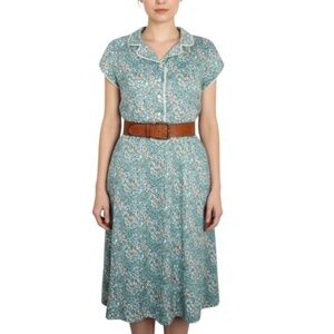 Vintage 70s teal floral lace trim collared short sleeve knee length day dress